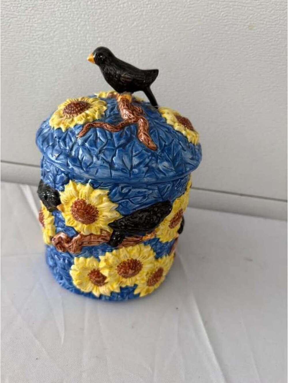 Ceramic Sunflower and Blackbird Cookie Jar